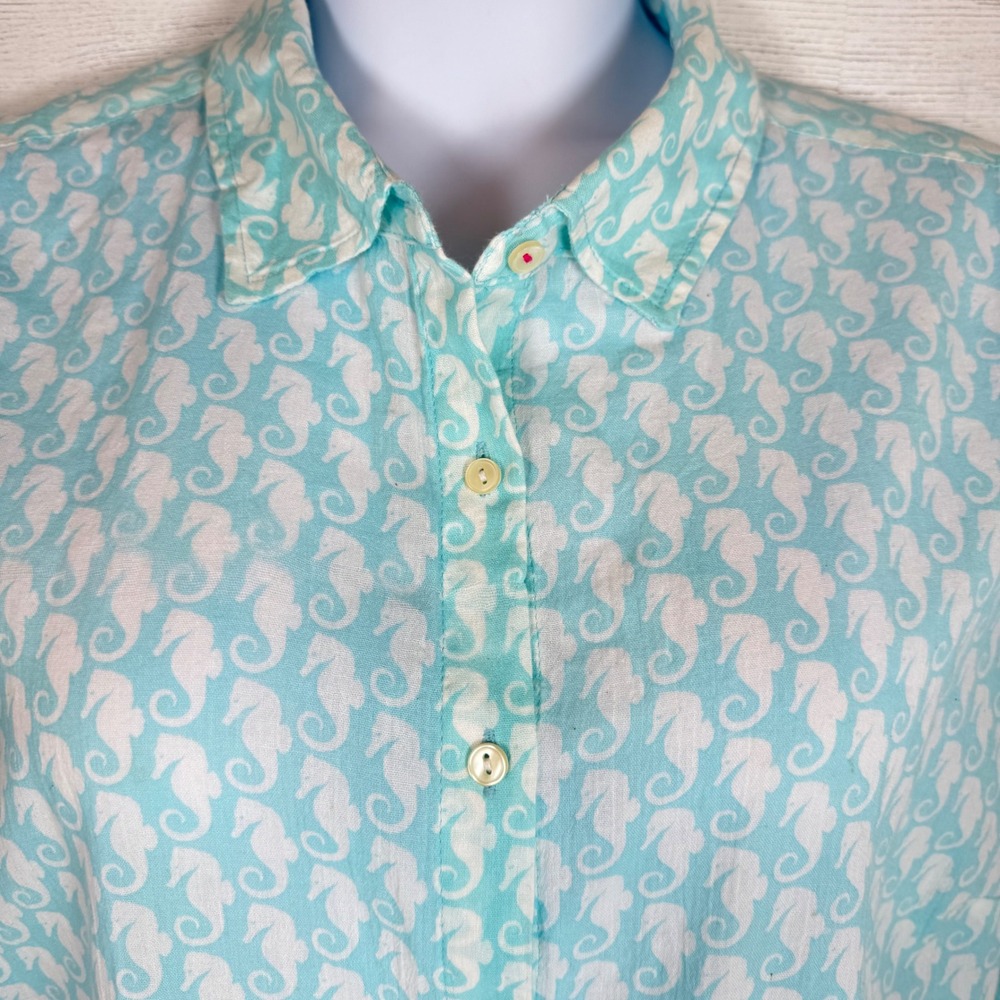 Talbots Seahorse Print Cotton Button Down ‎ 2X Coastal Beach Blouse Blue women - Picture 4 of 9